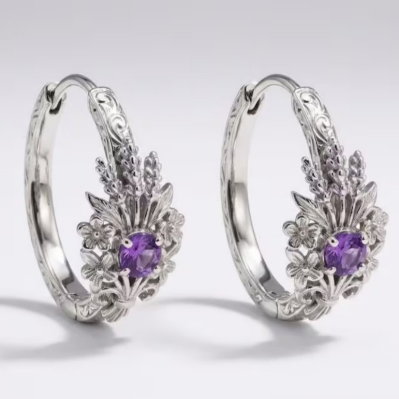 Women's Crown and Flower Shaped Stud Earrings with Purple Zirconia